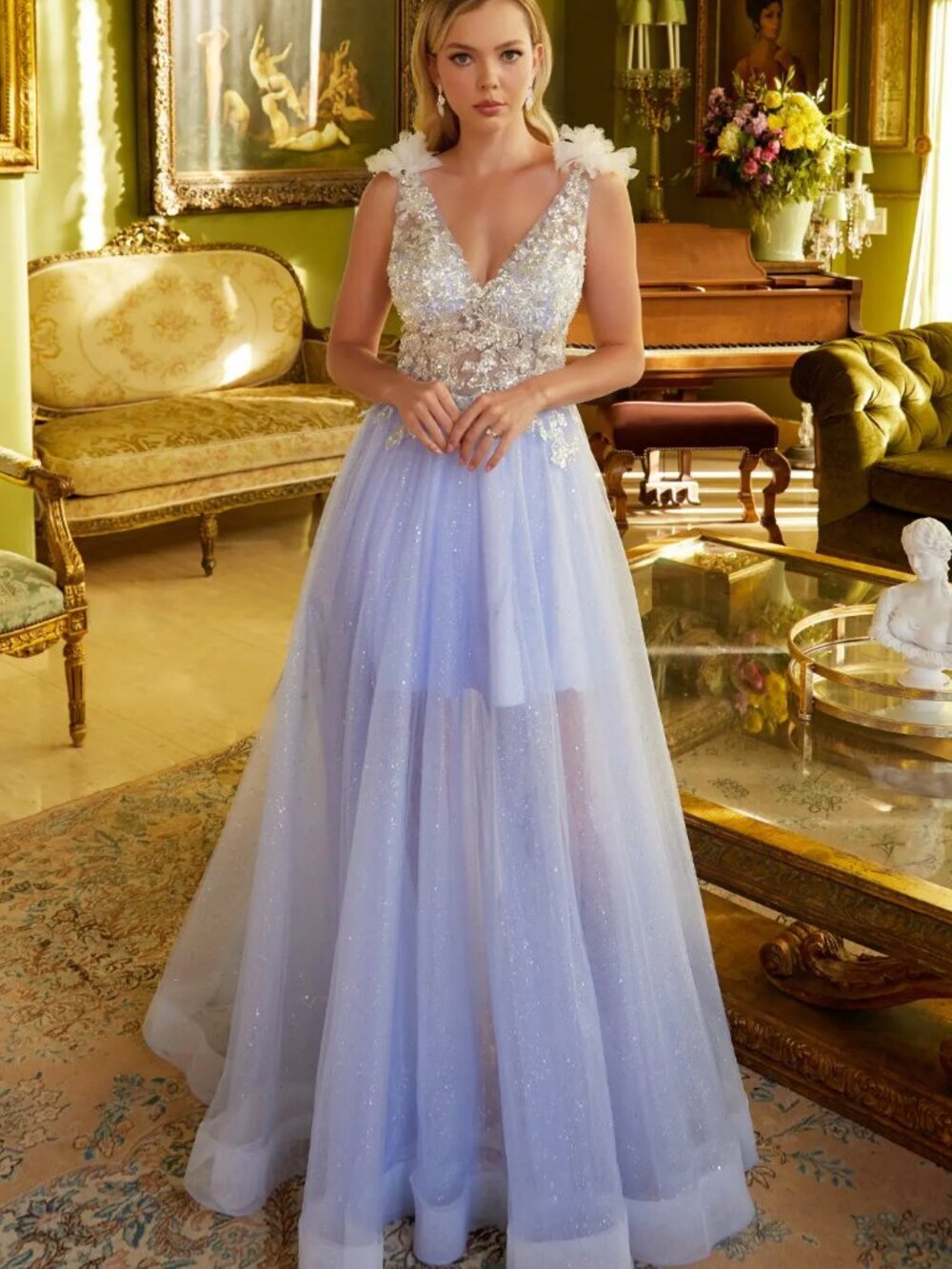 NEW LONG A-LINE SLEEVLEESS V-NECK DRESS EMBROIDERED WITH FLORAL APPLQIUE GL3393